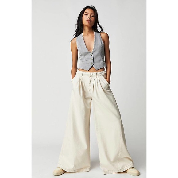 Free People Pants - Free People Equinox Wide Leg Denim Trouser NWT Size 4 Pale Blue Gray button fly